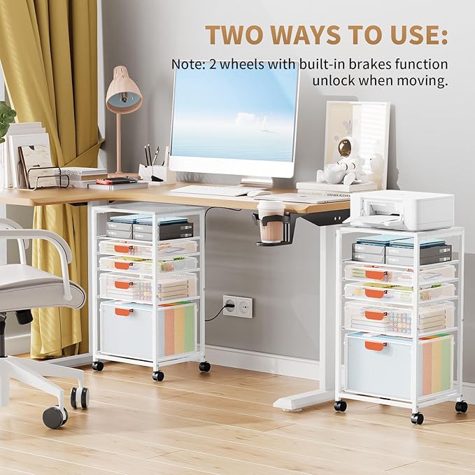 Marbrasse Rolling File Cart with 4 Storage Drawers, Mobile File Cabinet on Lockable Wheels, Hanging Filing Cabinet Organize, Under Desk Utility Cart for Home Office - White