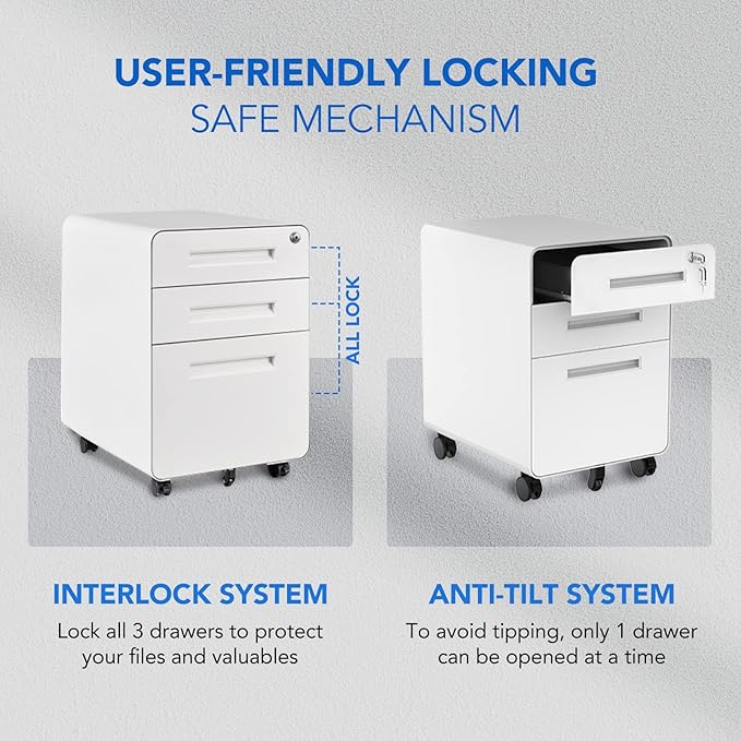 FLEXISPOT Metal File Cabinet for Under Desk Storage Mobile 3 Drawer File Cabinet Round Corner Design Filing Cabinets for Home Office,White