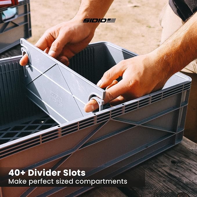 SIDIO Full-Size Collapsible Crate - Heavy Duty Stackable Storage Bin with Lid & 2 Short-Ways Dividers, Durable Plastic Organizer for Home, Office, Garage & Outdoor Use (Gray)