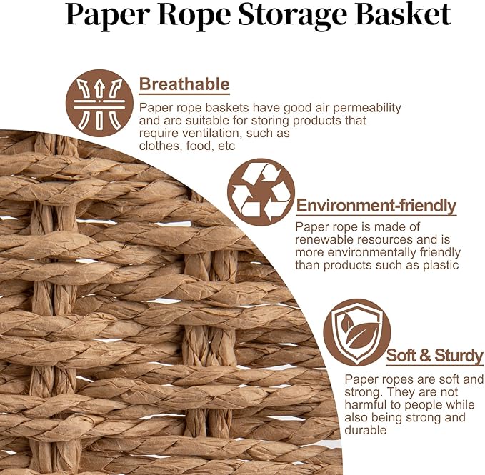 OIAHOMY Pantry Baskets for Organizing, Paper Rope Baskets with Built-in Handles, Wicker Storage Bins for Shelves, 2 Pack-Yellow