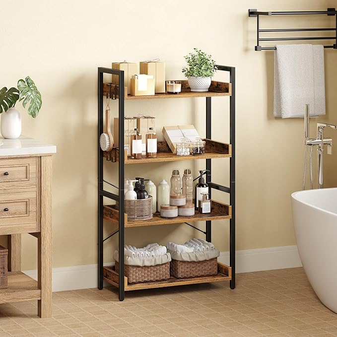 Rolanstar Bookshelf 4 Tier with 4 Hooks, Industrial Wood Bookcase, Vintage Storage Rack with Open Shelves, Rustic Standing Bookshelves Metal Frame Display Rack for Living Room, Bedroom, Rustic Brown