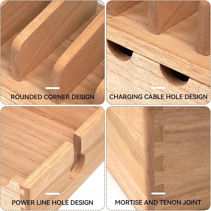 KIRIGEN Wood Charging Station Rack Organizer for Multiple Devices Desktop Organizer with 5 Ports for Cell Phones, Tablets, Earphones Wooden Cable Management DDXH-NA