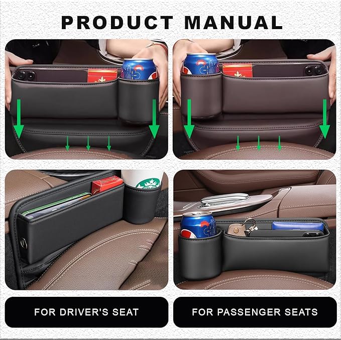 2-Pack car seat Gap Filler Organizer with Cup Holder, Adjustable Car Seat Gap Storage Box Leather with Cup Holder for Phones Glasses Keys Cards (Black. Driver- Passenger)