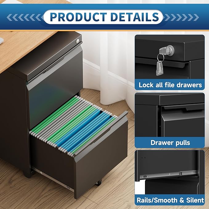 2 Drawer File Cabinet with Lock,Rolling Vertical File Cabinets for Home Office,Small Metal Filing Cabinet Office Drawers Under Desk for A4-Size/Letter-Size/Legal-Size- Assembly Required/Black