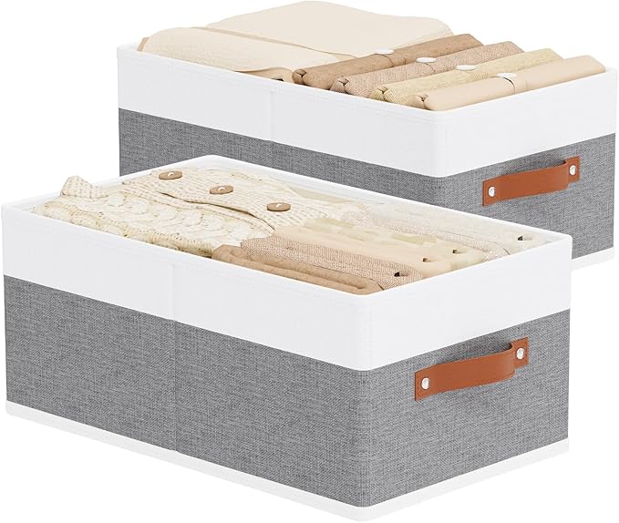 Storage Baskets,Foldable Drawer Organizers with Handles, Storage Bins for Wardrobe Bedroom Laundry, 18.5 × 11 × 7.9 Inch, White and Grey, 2-Pack