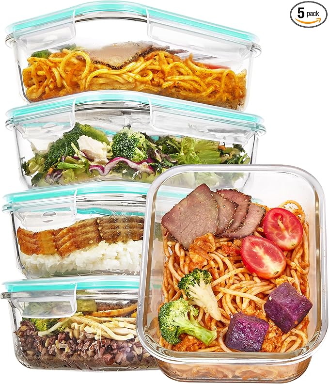 Vtopmart 5 Pack 35oz Glass Food Storage Containers with Lids, Meal Prep Containers, Airtight Reusable Lunch Container Set, Safe for Oven, Microwave, Freezer, and Dishwasher, Green