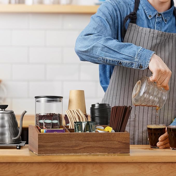 ALELION Acacia Wood Coffee Station Organizer for Countertop - 7 Compartments Coffee Bar Accessories and Organizer with Removable Dividers - Coffee and Tea Condiment storage Organizer