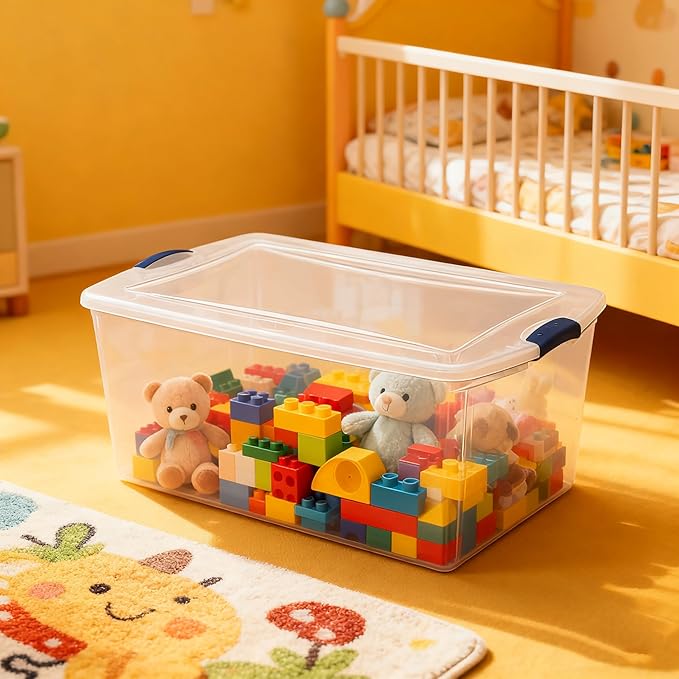 2-Pack 105 Quart Heavy Duty Plastic Storage Bins, Stackable Containers with Clear Lids & Blue Latches for Bedding, Clothing, Holiday Decor - Ideal for Garage & Closet