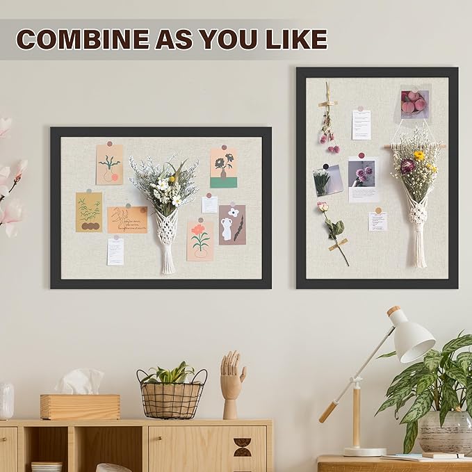 Cork Board Bulletin Board 18" x 24", Large Linen Corkboards with Frame for Walls, Cute Picture Display Pin Board Vision Board for Room School Office Bedroom 20 Pushpins Vintage Black