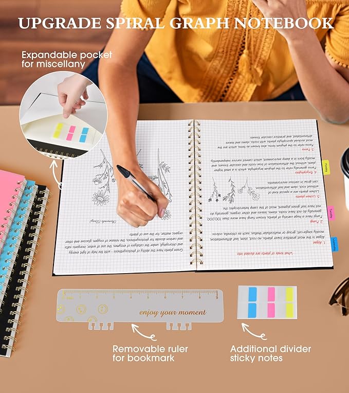 Graph Paper Notebook, Spiral Notebook Journal 8.5” x 11”, A4 Large Grid Notebooks for Women Men, 100 GSM Graph Paper, Plastic Hardcover Spiral Graphing Journals for Work School Engineerin, Black