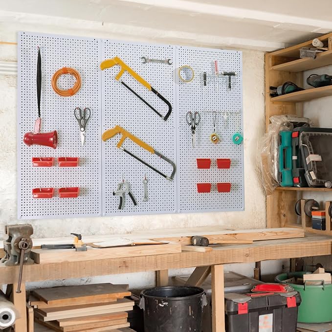 Pegboard Rack Garage Storage Steel Horizontal PegBoard Pack,Steel Pegboard Heavy Duty- 3 Pack 16-Inch X 36-Inch Metal Peg Board Tool Organization Panels (White)