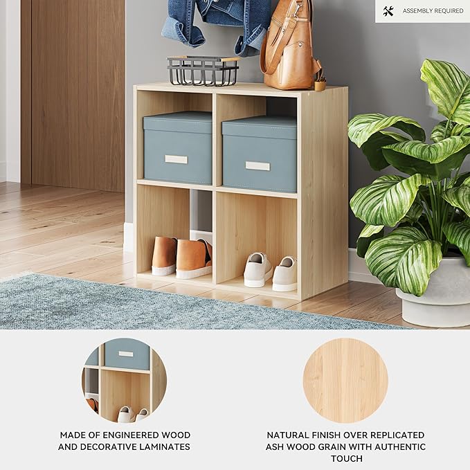 Signature Design by Ashley Piperton Contemporary 4 Cube Organizer for Storage, Fits 10.5" x 10.5" x 11" H Storage Bins, Wood, 23.82" Tall, Light Brown