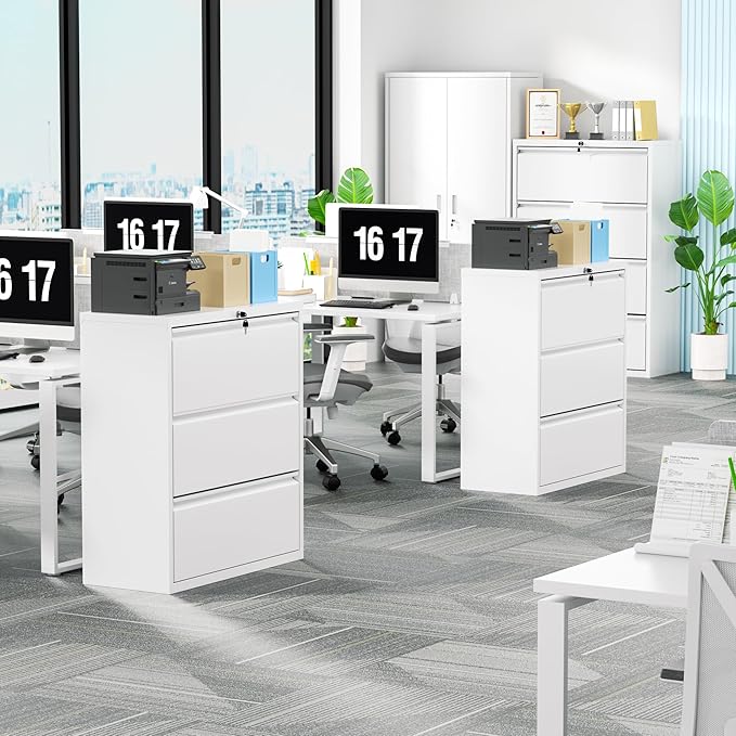 Bonusall 3 Drawer Lateral File Cabinet with Lock, Locking Metal lateral Filing Cabinet for Office Steel lateral File Cabinet, Large Horizontal File Cabinet Locked by Keys-White