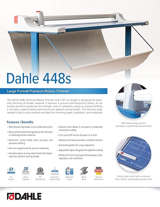 Dahle 448s Premium Rotary Trimmer w/Stand, 51" Cut Length, 20 Sheet Capacity, Self-Sharpening, Automatic Clamp, German Engineered Paper Cutter