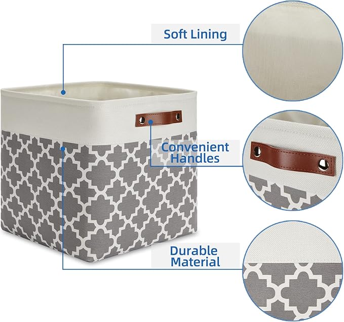 Temary 13ﾗ13ﾗ13 Foldable Storage Cube Baskets Fabric Cube Storage Basket for Organizing Cloth Storage Bins with Leather Handles for Gifts Empty, Closet (Grey Lattice)