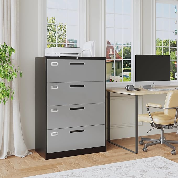 4 Drawer File Cabinet, Lateral Filing Cabinets for Home Office, Office Storage Drawers with Lock, Hanging Files Legal/Letter A4 Size (Assemble Required,Black Grey)