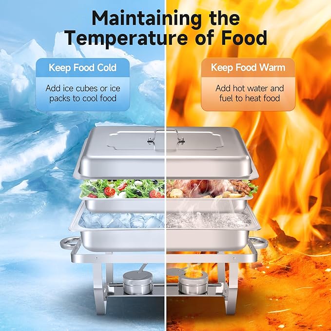 Rengue 9.5 QT Chafing Dishes, 4 Pack High Premium Stainless Steel Complete Set, Rectangular Chafing Dish Buffet Set, Heating and Cooling Chafing Dish for Gatherings Banquet, Buffet, Party, Wedding