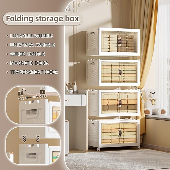 340 QT / 85 Gal Heavy Duty Double Door Storage Cabinet - Magnetic Closure, Foldable Stackable Design with Wheels & Leather Handles, Plastic Organizer for Garage/Bedroom