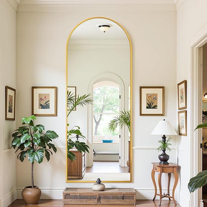 Full Length Mirror, 71"x26" Oversized Floor Mirror Freestanding, Full Body Mirror Floor Standing Mirrors with Stand, Hanging Mounted Mirrors for Bedroom Living Room, Gold, Arched Style