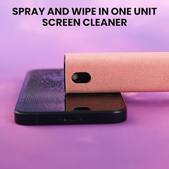 Screen Cleaner, Touch Screen Mist Cleaner, Cell Phone, Laptop and Tablet Screen, 3-in-1 Spray and Microfiber Cloth, Refillable with Water, Alcohol, Sanitizer (Pink -0.35oz)