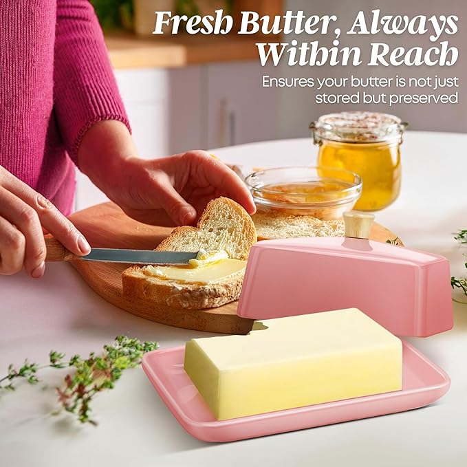 Flexzion Ceramic Pink European Butter Dish with Lid for Countertop (8 Inch) - Wide 2 Stick Double Butter Holder for Counter, Cream Cheese Container Storage Keeper