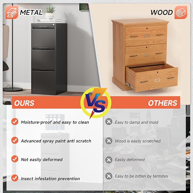 3 Drawer File Cabinet with Lock,Vertical Filing Cabinets for Home Office,Heavy Duty Metal File Cabinet for Hanging A4/Letter/Legal Size File,Vertical File Cabinet 15" W X 17.8" D X 38.3" H-Black