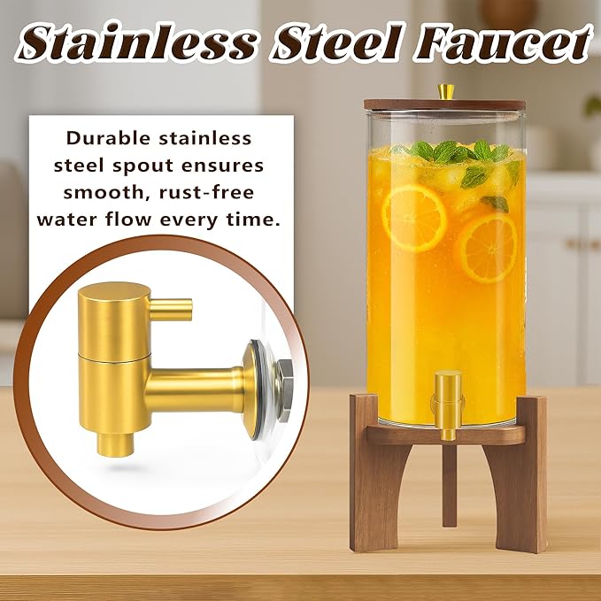Glass Drink Dispenser,1.5 Gallon Beverage Dispenser with Stand,Lemonade Dispenser with Stainless Steel Faucet,Drink Dispensers for Parties, Bars and Home (Round Stand)