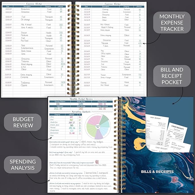 GoGirl Budget Planner & Monthly Bill Organizer – Monthly Financial Book with Pockets. Expense Tracker Notebook Journal, Large (Black)