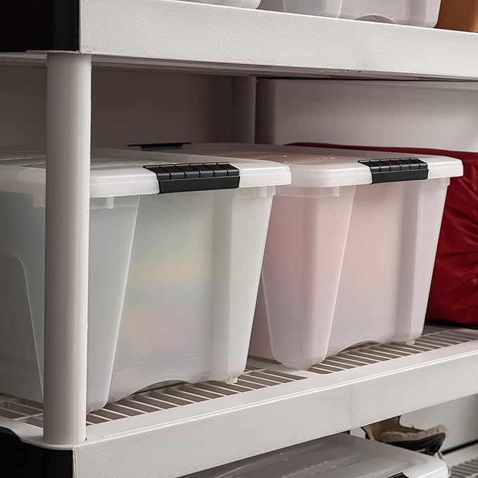 IRIS USA 32 Qt Stackable Plastic Storage Bins with Lids, 4 Pack - BPA-Free, Made in USA - Discreet Organizing Solution, Latches, Durable Nestable Containers, Secure Pull Handle - Pearl