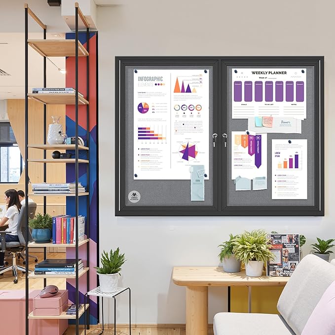 Weatherproof Enclosed Bulletin Board 44x32 Inch, Lockable Wall-Mounted Outdoor Grey Felt Noticeboard, Aluminum Frame Weather-Resistant Display Case for Office, School, Community