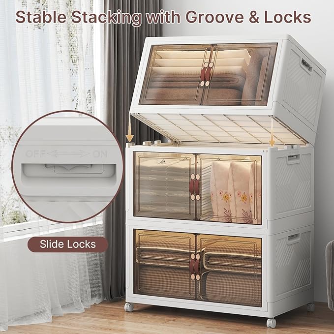 960Qt Stackable Storage Bins with Lids, 6 Pack Large Collapsible Bins with Wheels, Plastic Cabinet with Doors, Foldable Closet Organizers and Storage for Home, Dorm, Office, White