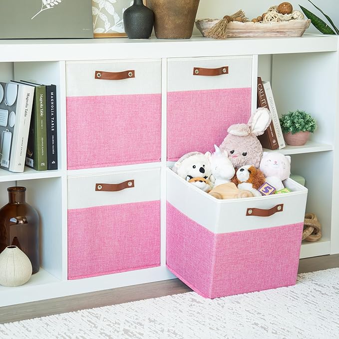 OrganiHaus 13" x 13" x 13" Cube Fabric Storage Bins Set of 4, Fabric Storage Cubes w/ Vegan Handles, 13 inch Collapsible Bins for Clothes & Toy Organizer, 13x13 Basket for Decor - Pink/White