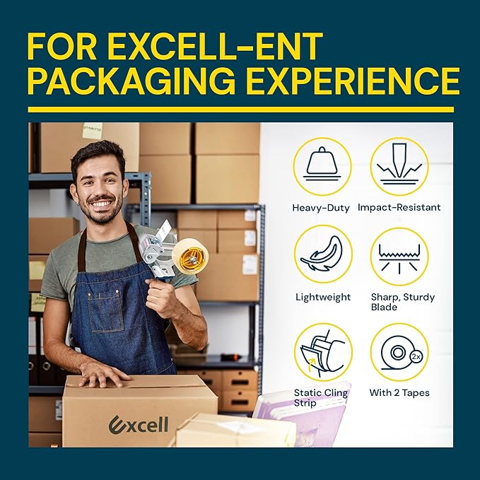 Excell EXC-828PL PUSHFLAP Tape Dispenser (2 Inch Wide), Manual, Metal/Plastic, 3 Inch Core for Carton Sealing & Packing, Easy One-Hand Operation - 1 Set + 2 Rolls of Transparent Tape