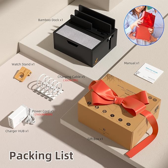 Pezin & Hulin Bamboo Charging Station for Multi Device, with Power Charger & Cables, Nightstand Docking Station with Lined Tray & Drawer, Compatible with Tablet, Cell Phones-Black