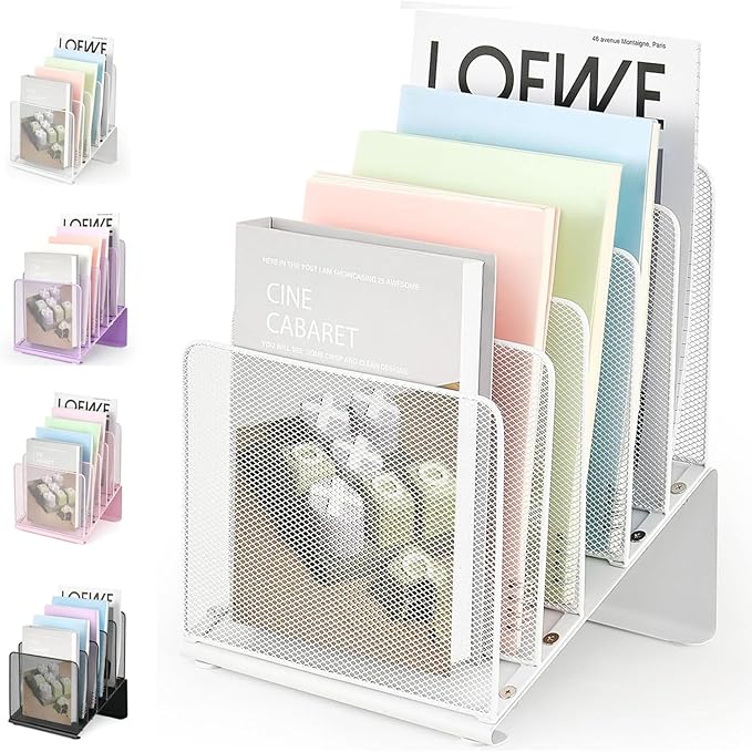 File Organizer for Desk, Desk Organizer with 5-Section Vertical File Rack, File Folder Organizer, Desk Accessories & Workspace Organizers(White)