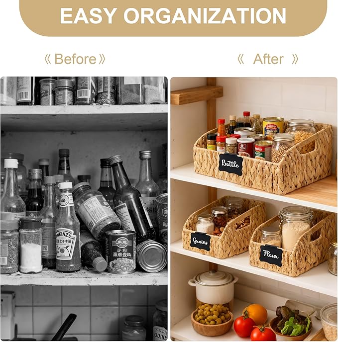 Wicker Baskets for Organizing,Pantry Baskets with Built-in Handles, Handwoven Wicker Storage Basket, Water Hyacinth Storage Bins for Shelves, 3 Pack, Natural 2 Set