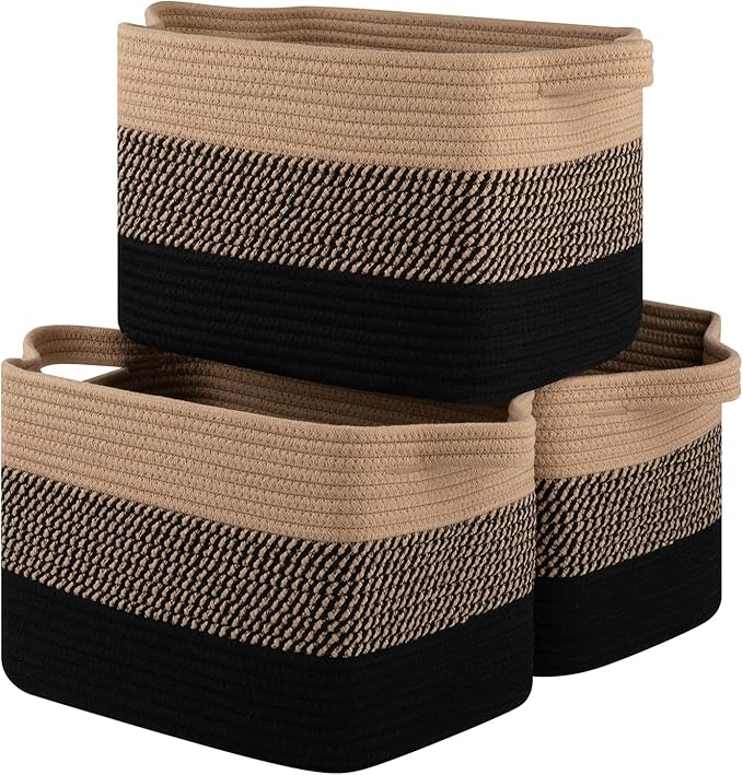 Storage Basket for Organizing, Woven Baskets for Storage, Rectangle Decorative Baskets for Shleves, Closet, Toys, Books, Nursery Organizer Bins - Pack of 3 (Black & Brown, 13"x9.85"x8.7")