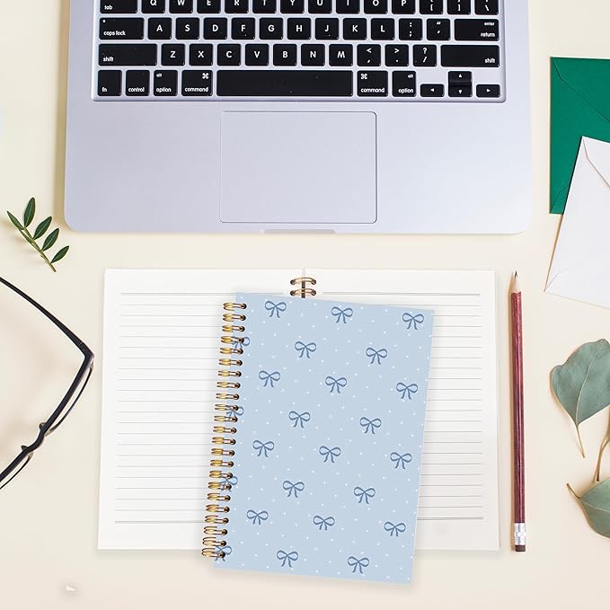 BearCake Coquette Blue Bow Notebook Journal, Preppy Bow Journal for Women Girls, Blue Cute Office Supplies, Girly Aesthetic Hardcover Spiral Notebook 5.5x8.3