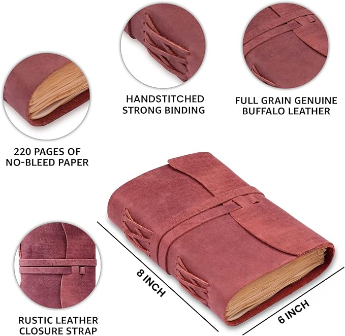 LEATHER VILLAGE Leather Bound Journal - Fuchsia, 8"X6", 220 Pages - Vintage Blank Paper Diary for Writing, Drawing, Sketchbook, and Travel Notebook - Ideal for Women and Men