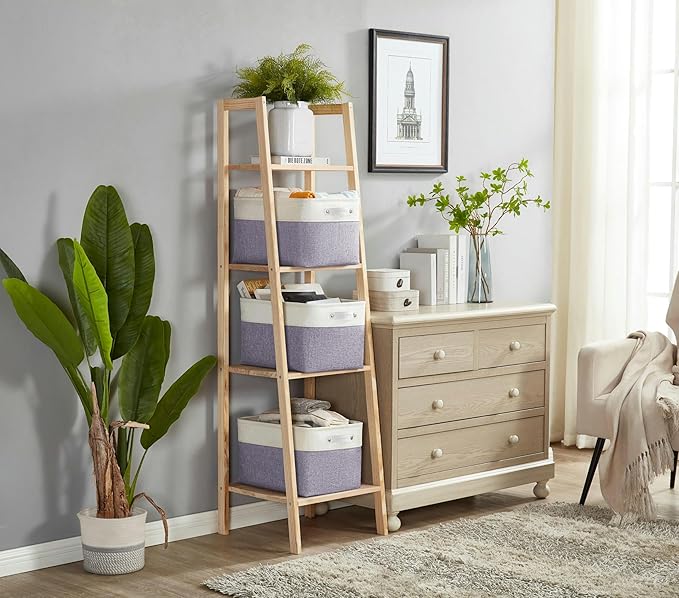 DECOMOMO Storage Baskets for Shelves - Fabric Storage Bins, Linen Closet Organizers and Storage (Purple & White, Large - 3 Pack)