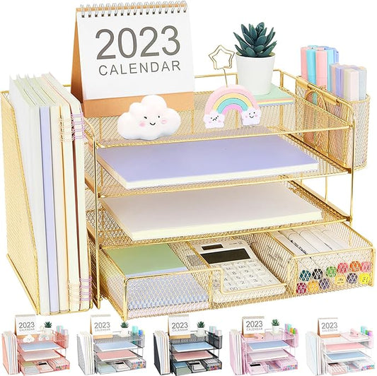 Desk Organizer and Accessories, 4-Tier Desktop File Organizer with Drawer and 2 Pen Holders, Office Desk Accessories for Office Supplies(Gold)