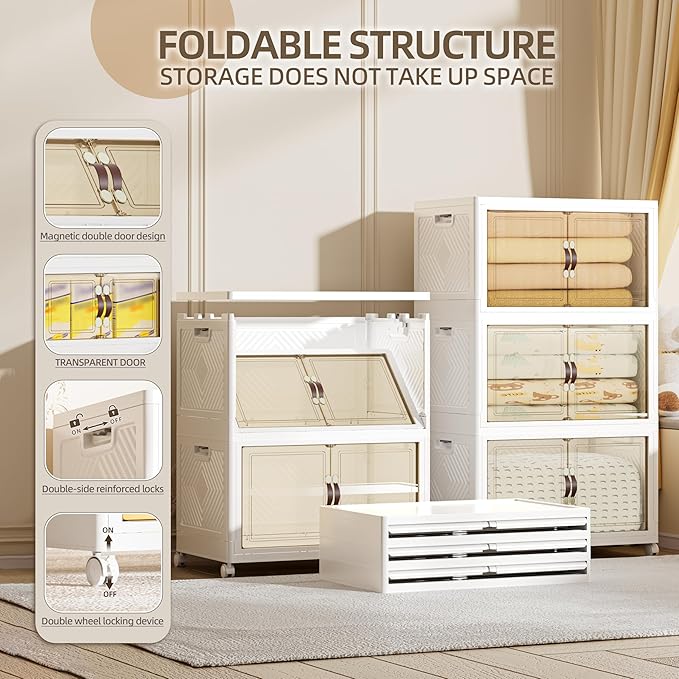 312 QT / 78 Gal Large Foldable Stackable Plastic Storage Cabinet with Double Magnetic Doors, Leather Handles & 4 Wheels - Organize Home, Office, Closet