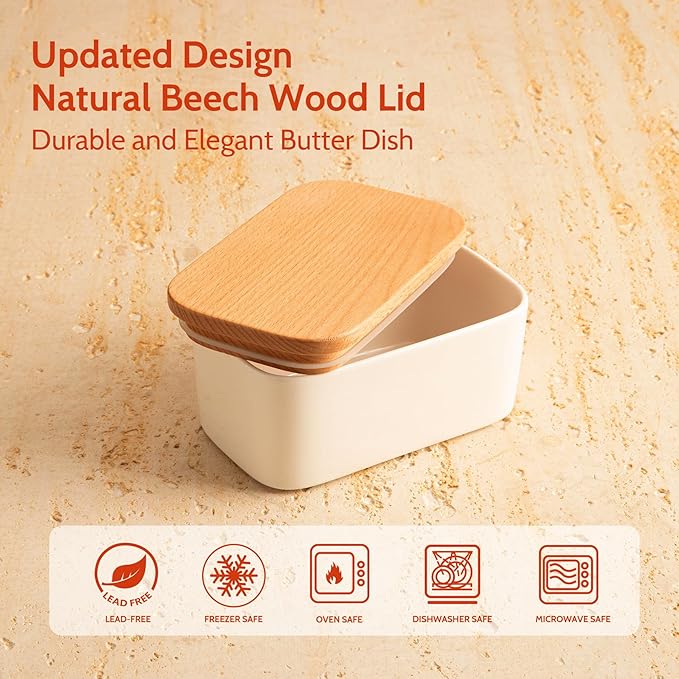Sweese Large Butter Dish - Airtight Butter Keeper Holds Up to 2 Sticks of Butter - Porcelain Container with Beech Wooden Lid, White