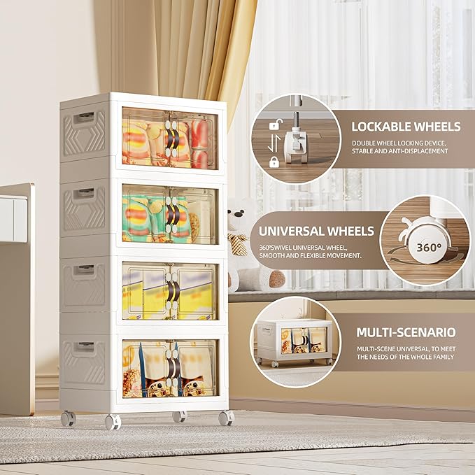 104 QT / 26 Gal Multi-Purpose Stackable Storage Cabinet: Double Magnetic Doors, Foldable, Wheels Included, Leather Handles - Ideal for Pantry, Laundry Room, Dorm