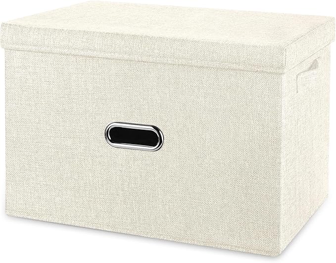 Large Linen Fabric Foldable Storage Bins with Removable Lid and Handles, Washable Storage Box Organizer Containers Baskets Cube with Cover for Bedroom,Office(Cream, Small)
