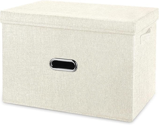 Large Linen Fabric Foldable Storage Bins with Removable Lid and Handles, Washable Storage Box Organizer Containers Baskets Cube with Cover for Bedroom,Office(Cream, Large)