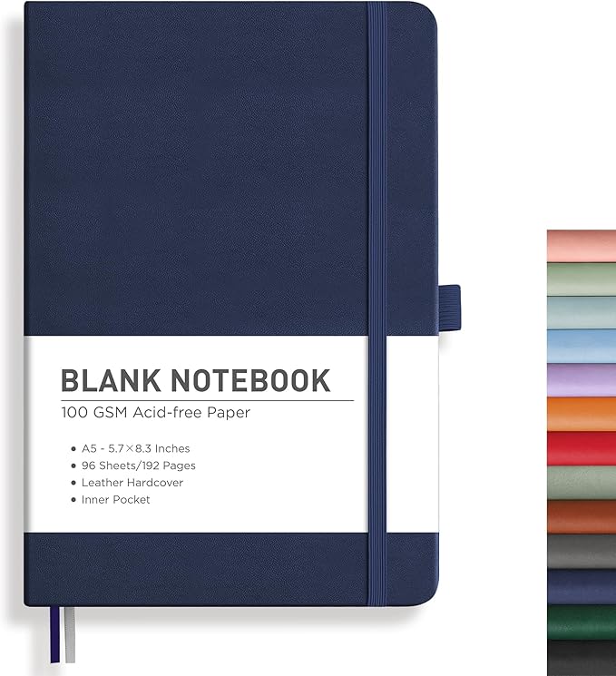 RETTACY Blank Journal Notebook, 192 Pages, A5 Medium Size (5.7'' x 8.3''), Leather Hardcover, 100 GSM Thick Paper, for Sketching, Drawing, Painting (Navy Blue)