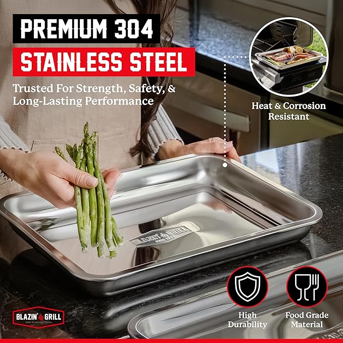 BLAZIN' GRILL Prep and Serving Trays | Set of 2 Stackable, Stainless Steel BBQ Grill Trays | Serving Platter for Marinating, Serving & Chopping | Grill Accessories for Plating Food & BBQ Prep Tub |