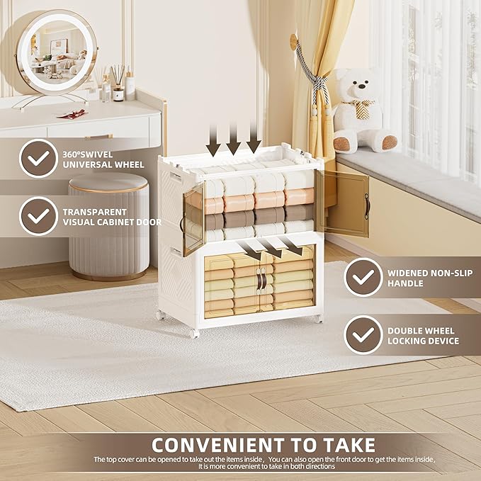 168 QT / 42 Gal Heavy Duty Double Door Storage Cabinet - Magnetic Closure, Foldable Stackable Design with Wheels & Leather Handles, Plastic Organizer for Garage/Bedroom