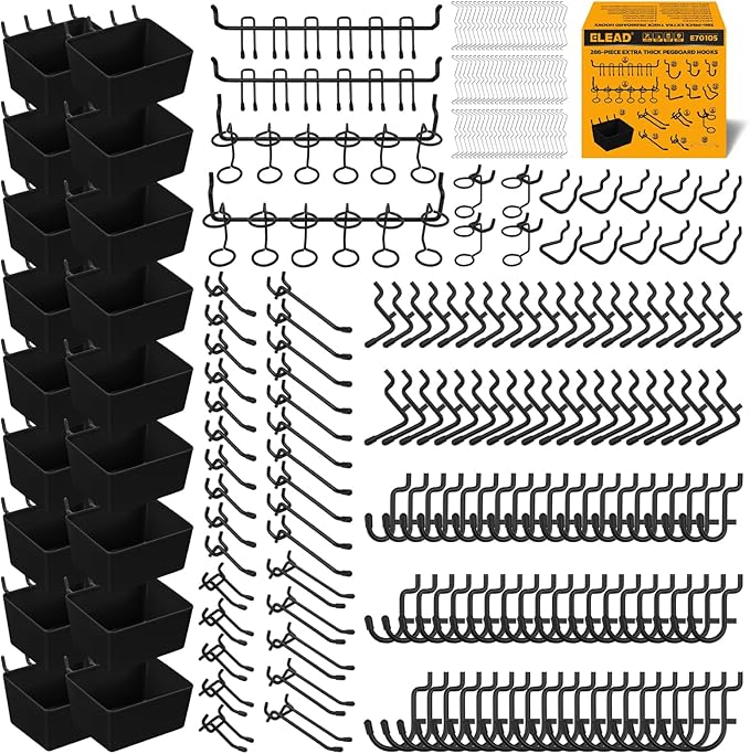 ELEAD 286-Piece Extra Thick Pegboard Hooks Set, 1/4" Heavy Duty Black Peg Board Organizer Accessories with Bins, Metal Pegboard Accessories with Pegs Lock, Peg Board Hooks for Hanging